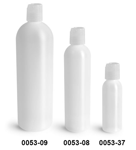 Plastic Bottles, Natural HDPE Cosmo Round Bottles w/ Natural Disc Top Caps