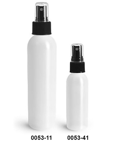Plastic Bottles, Natural HDPE Cosmo Round Bottles w/ Black Fine Mist Sprayers