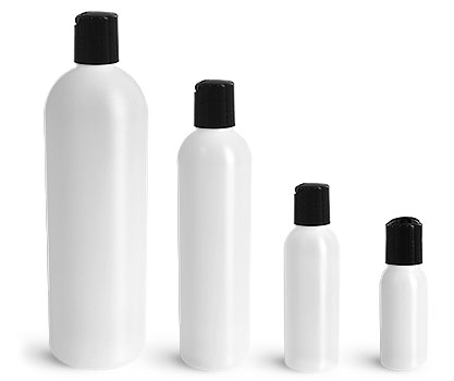 Plastic Bottles, Natural HDPE Cosmo Round Bottles w/ Black Disc Top Caps