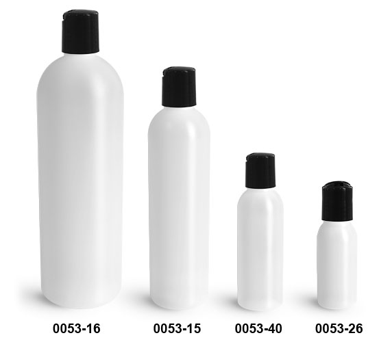 Plastic Bottles, Natural HDPE Cosmo Round Bottles w/ Black Disc Top Caps