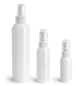 Plastic Bottles, Natural HDPE Cosmo Round Bottles w/ White Fine Mist Sprayers