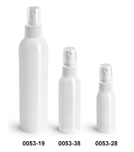 Plastic Bottles, Natural HDPE Cosmo Round Bottles w/ White Fine Mist Sprayers
