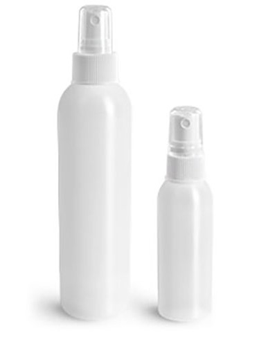 Plastic Bottles, Natural HDPE Cosmo Round Bottles w/ White Fine Mist Sprayers
