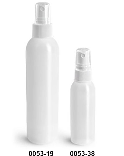 Plastic Bottles, Natural HDPE Cosmo Round Bottles w/ White Fine Mist Sprayers