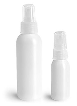 Plastic Bottles, Natural HDPE Cosmo Round Bottles w/ Natural Fine Mist Sprayers