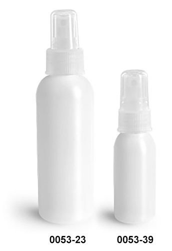 Plastic Bottles, Natural HDPE Cosmo Round Bottles w/ Natural Fine Mist Sprayers