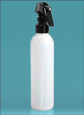 Plastic Bottles, Natural HDPE Cosmo Round Bottles w/ Black Mini Trigger Sprayers