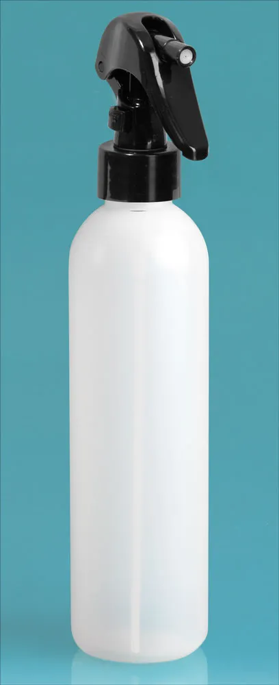 8 oz Plastic Bottles, Natural HDPE Cosmo Round Bottles w/ Black Mini Trigger Sprayers