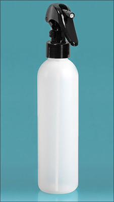 Plastic Bottles, Natural HDPE Cosmo Round Bottles w/ Black Mini Trigger Sprayers