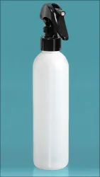 HDPE Natural Cosmo Round Bottles w/ Black Mini Trigger Sprayers 