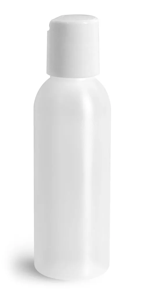 2 oz Plastic Bottles, Natural HDPE Cosmo Rounds w/ White Disc Top Caps