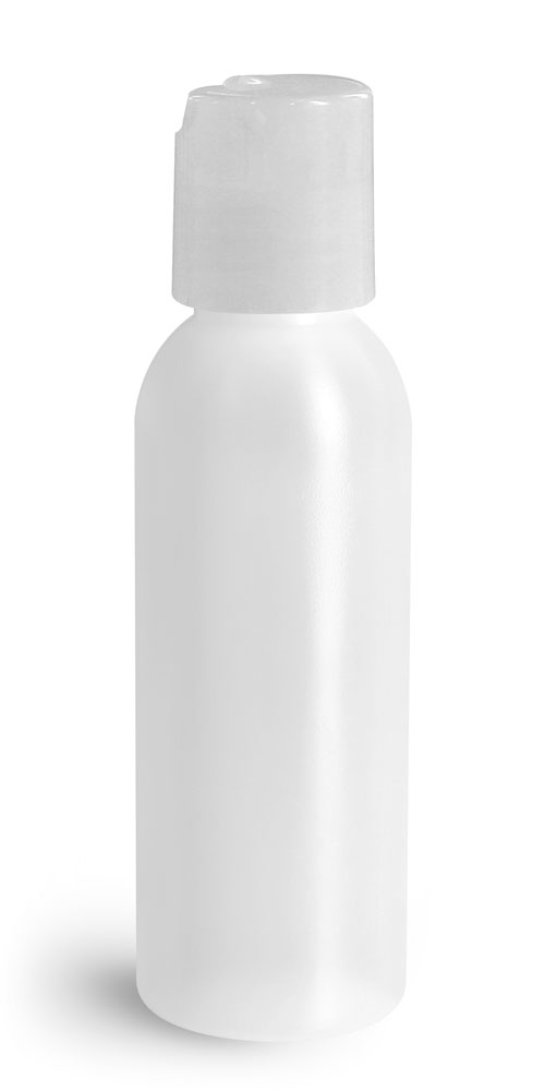 2 oz Plastic Bottles, Natural HDPE Cosmo Rounds w/ Natural Disc Top Caps