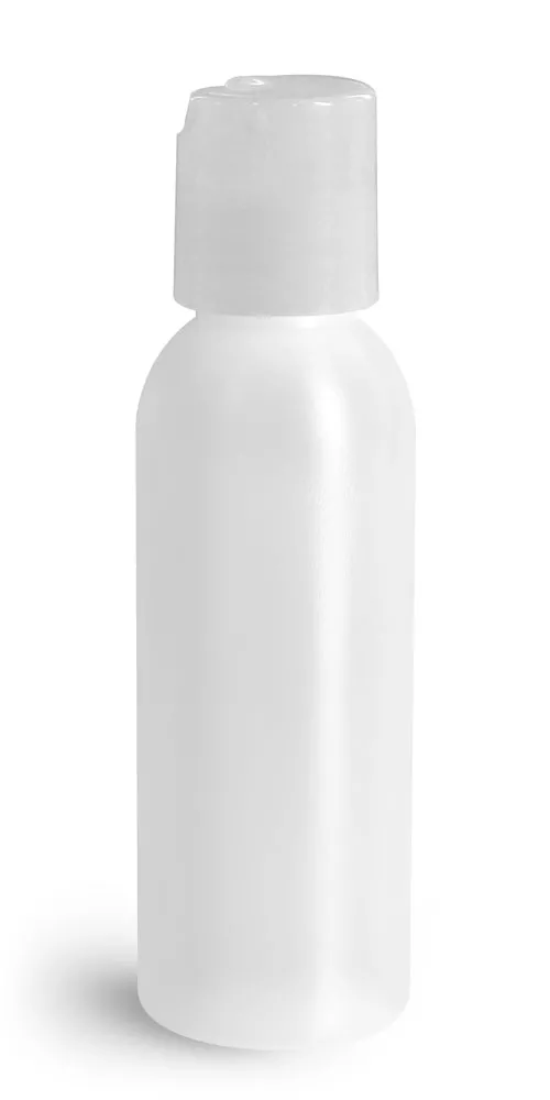 2 oz Plastic Bottles, Natural HDPE Cosmo Rounds w/ Natural Disc Top Caps