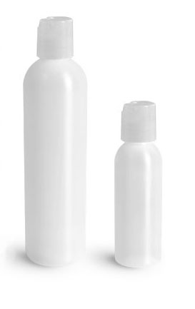 HDPE Plastic Bottles, Natural Cosmo Round Bottles w/ Natural Disc Top Caps