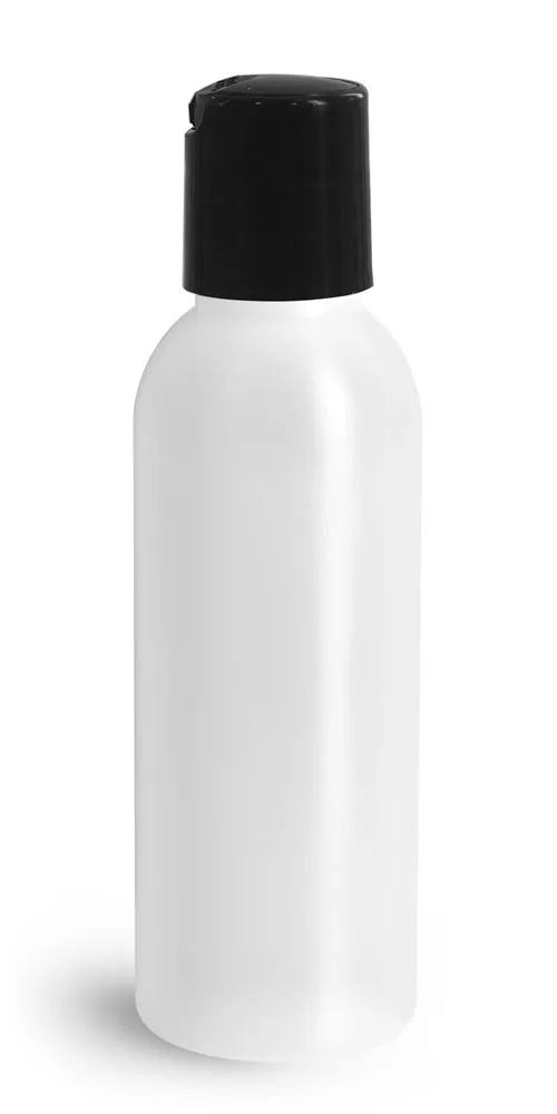 2 oz Plastic Bottles, Natural HDPE Cosmo Rounds w/ Black Disc Top Caps
