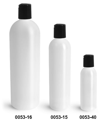 Plastic Bottles, Natural HDPE Cosmo Round Bottles w/ Black Disc Top Caps