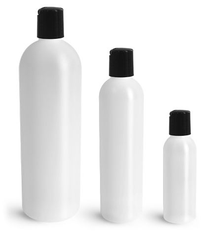 HDPE Plastic Bottles, Natural Cosmo Round Bottles w/ Black Disc Top Caps