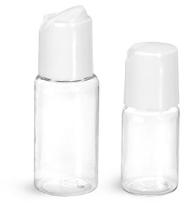 PET Plastic Bottles, Clear Round Bottles w/ White Disc Top Caps