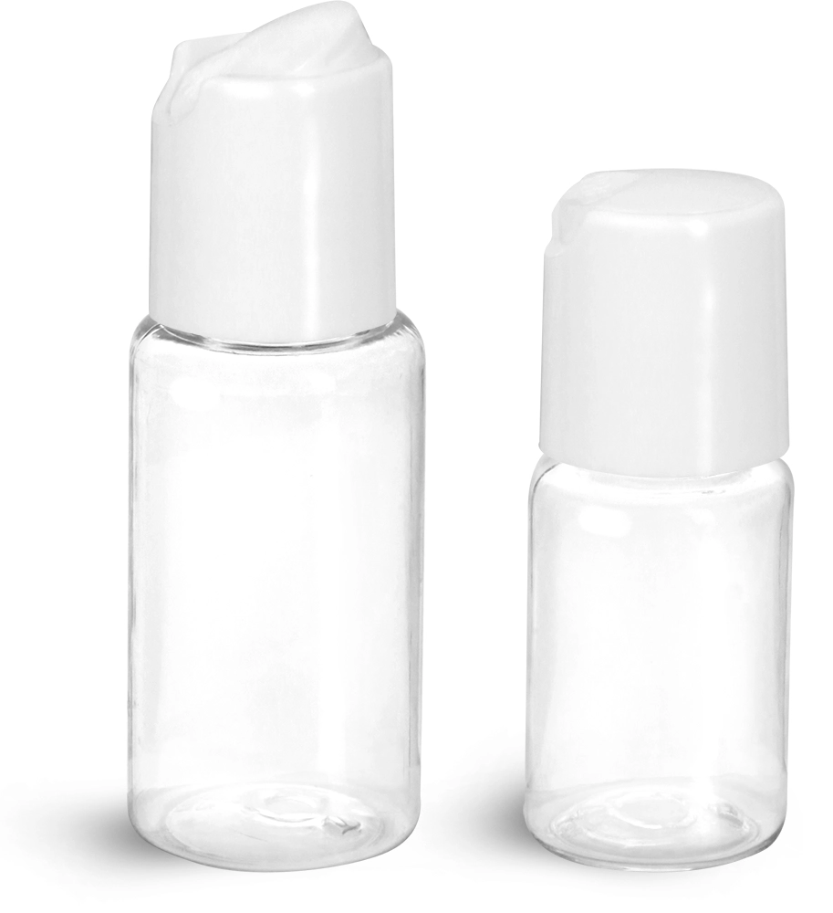 PET Plastic Bottles, Clear Round Bottles w/ White Disc Top Caps