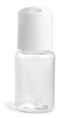 1/2 oz Clear PET Round Bottles w/ White Disc Top Caps