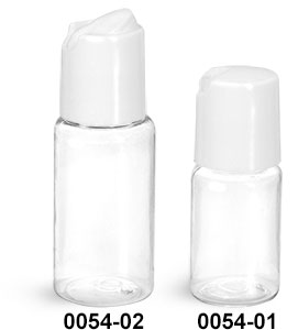 Plastic Bottles, Clear PET Round Bottles w/ White Disc Top Caps