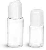PET Plastic Bottles, Clear Round Bottles w/ White Disc Top Caps
