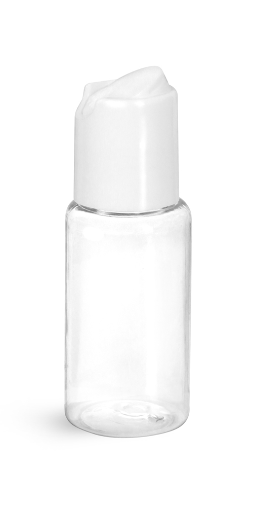 1 oz Clear PET Round Bottles w/ White Disc Top Caps