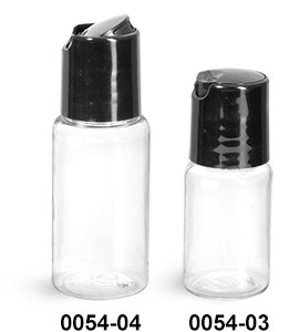Plastic Bottles, Clear PET Round Bottles w/ Black Disc Top Caps