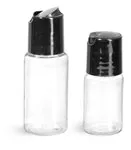 PET Plastic Bottles, Clear Round Bottles w/ Black Disc Top Caps