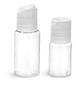 PET Plastic Bottles, Clear Round Bottles w/ Natural Disc Top Caps