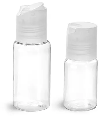 PET Plastic Bottles, Clear Round Bottles w/ Natural Disc Top Caps