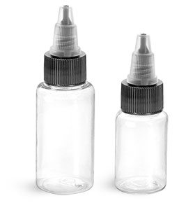 PET Plastic Bottles, Clear Round Bottles w/ Black/Natural Twist Top Caps