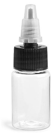 1/2 oz Clear PET Round Bottles w/ Black/Natural Twist Top Caps