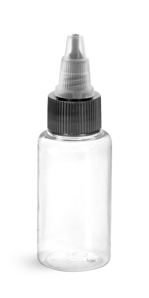 1 oz Clear PET Round Bottles w/ Black/Natural Twist Top Caps