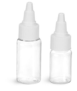 PET Plastic Bottles, Clear Round Bottles w/ White Twist Top Caps