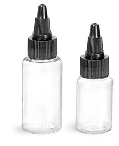 PET Plastic Bottles, Clear Round Bottles w/ Black Twist Top Caps