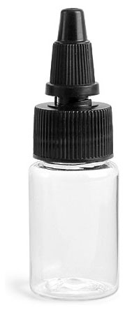 1/2 oz Clear PET Round Bottles w/ Black Twist Top Caps