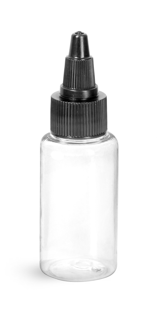 1 oz Clear PET Round Bottles w/ Black Twist Top Caps