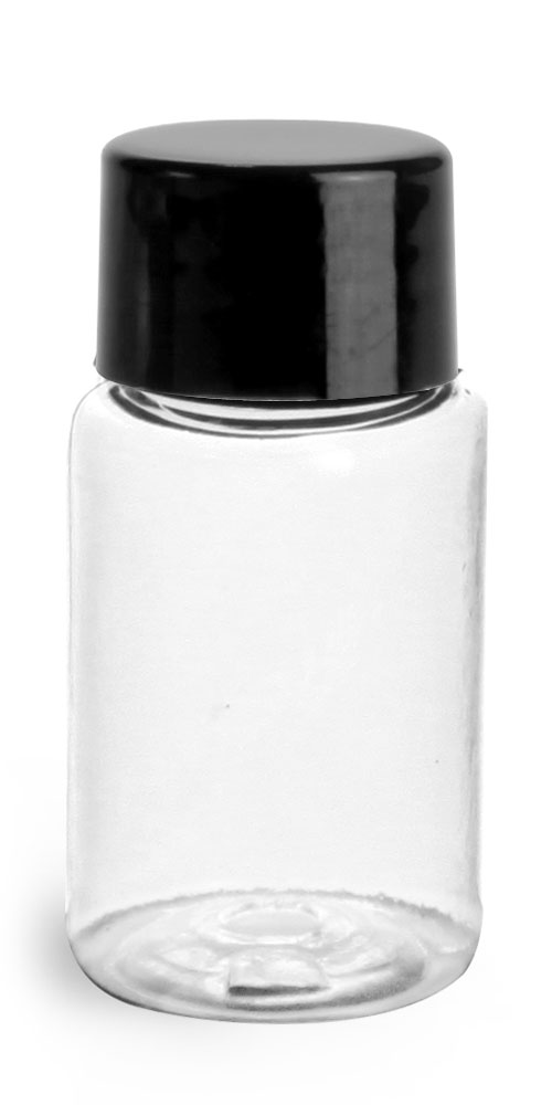 1/2 oz Plastic Bottles, Clear PET Rounds w/ Black Smooth Lined Caps