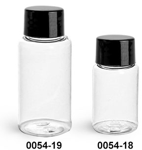 Plastic Bottles, Clear PET Round Bottles w/ Black Smooth Lined Caps