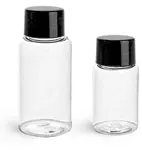 PET Plastic Bottles, Clear Round Bottles w/ Black Smooth Lined Caps