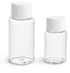 PET Plastic Bottles, Clear Round Bottles w/ White Smooth Lined Caps