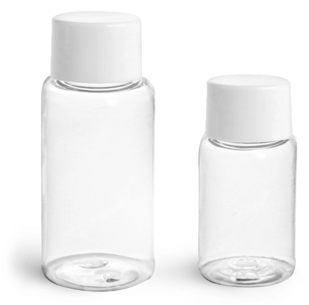 PET  Clear Round Bottles w/ White Smooth Lined Caps