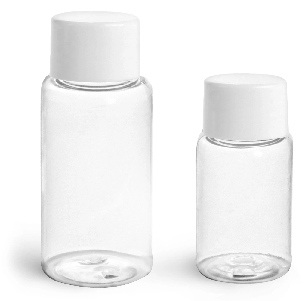 PET Plastic Bottles, Clear Round Bottles w/ White Smooth Lined Caps