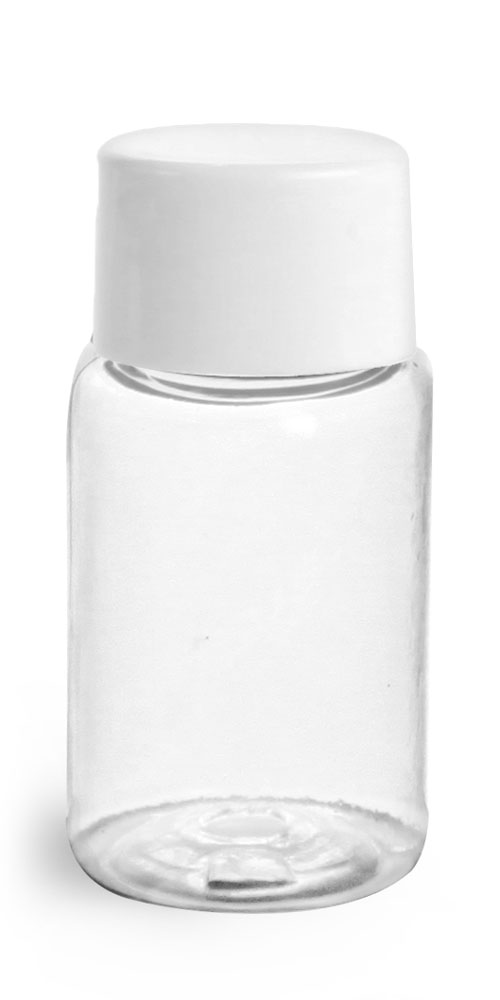 1/2 oz Plastic Bottles, Clear PET Rounds w/ White Smooth Lined Caps