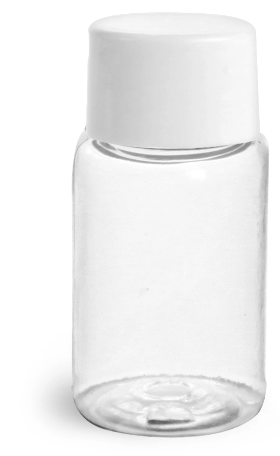 1/2 oz Plastic Bottles, Clear PET Rounds w/ White Smooth Lined Caps