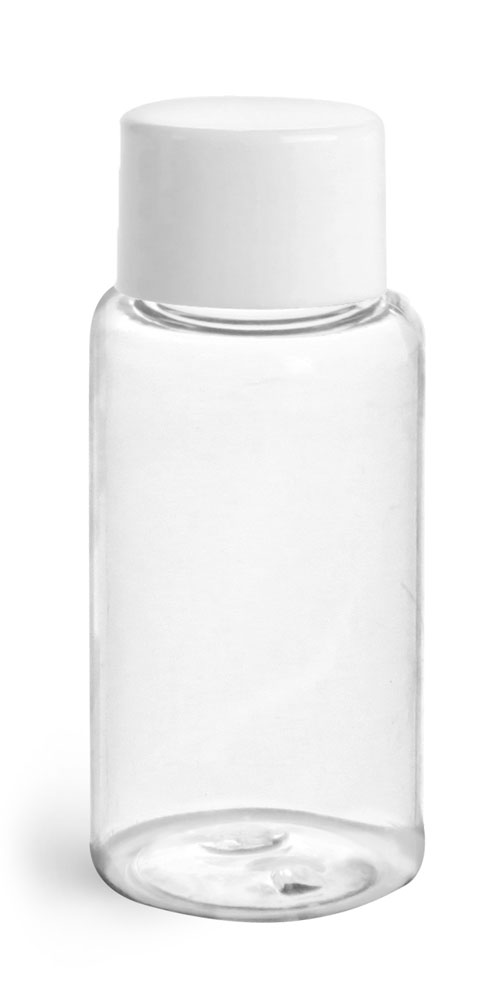 1 oz Plastic Bottles, Clear PET Rounds w/ White Smooth Lined Caps