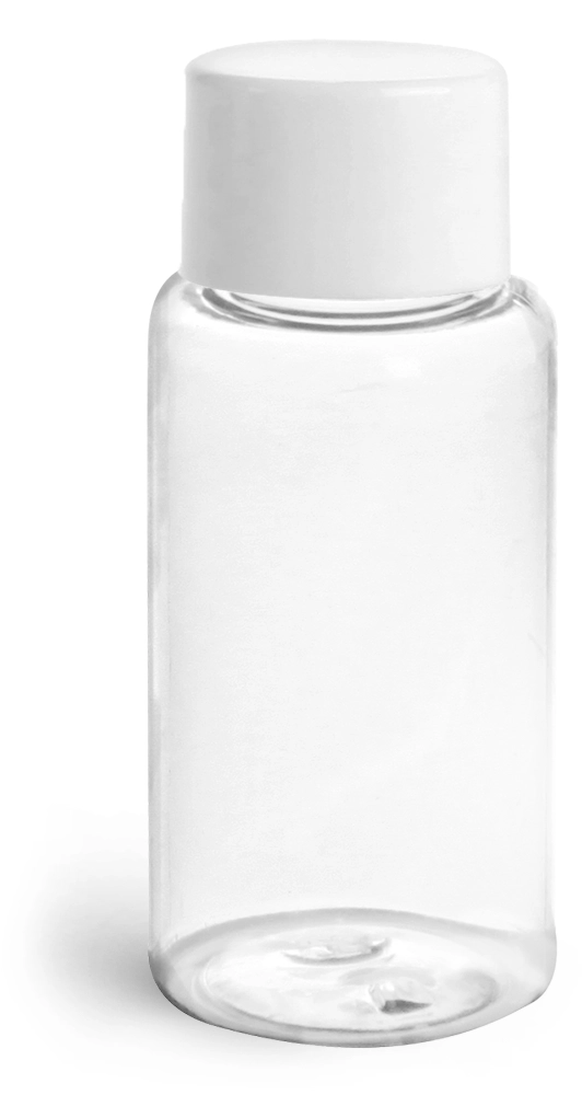 1 oz Plastic Bottles, Clear PET Rounds w/ White Smooth Lined Caps
