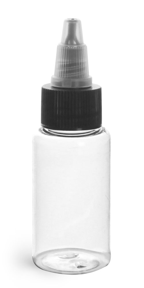 1 oz Plastic Bottles, Clear PET Rounds w/ Black/Natural Induction Lined Twist Top Caps
