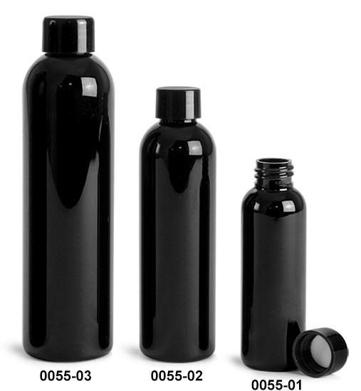 Plastic Bottles, Black PET Cosmo Round Bottles w/ Black Smooth Lined Caps
